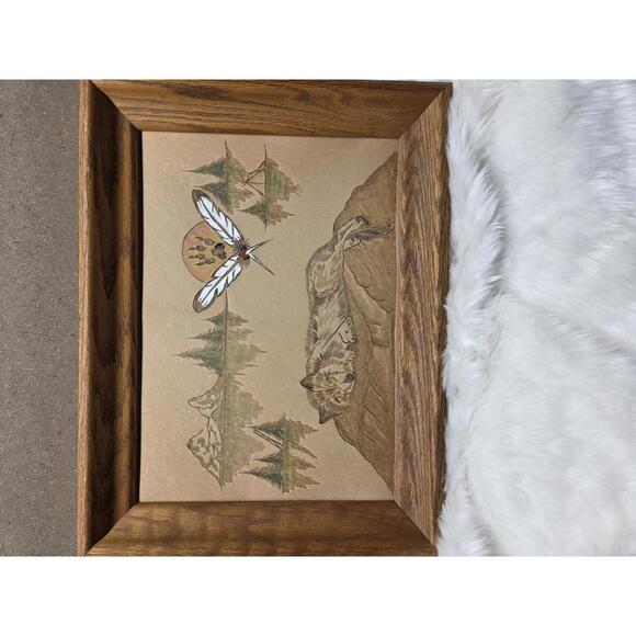 Framed Wolf Leather Artwork with Nature Scene and Feather Clock